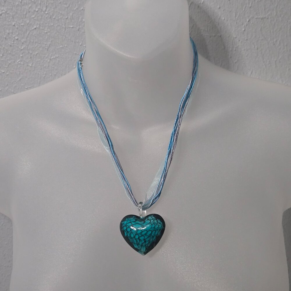 NWOT Glass Heart Pendant Necklace, Marbled Black & Blue